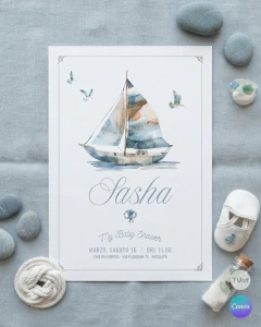 Invitación para cumple años, texto editable canva, barco acuarela, ship party tukit - TuKit