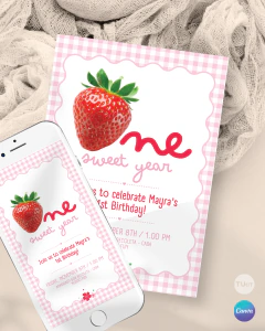 Invitación para cumple un año, texto editable canva, frutillas, strawberry party tukit