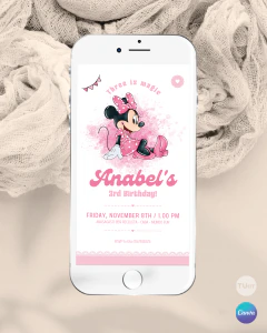 Invitación para cumple años, texto editable canva, minnie acuarela sentada, minnie party tukit - TuKit