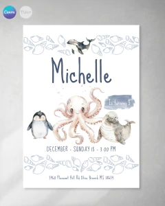 Invitacion animales del mar acuarela texto editable canva cumples pulpo pinguino tukit en internet