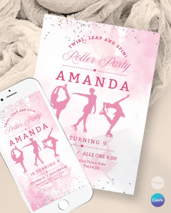 Invitación patinadoras rosa, invitaciones editables canva, roller party tukit