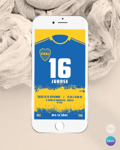 Plantilla de invitación, texto editable canva, camiseta de futbol, soccer party, tonos amarillo y azul - TuKit