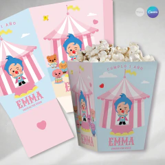 Caja pochoclera imprimible, caja plim plim circo, palomitas de maiz nena rosa tukit - comprar online
