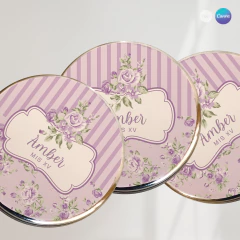 Etiqueta flores lilas, souvenir tin label, plantilla canva, etiqueta para personalizar latas, etiqueta texto editable en internet