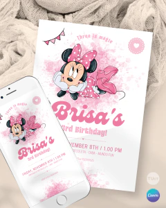 Invitación para cumple años, texto editable canva, minnie acuarela acostada, minnie party tukit
