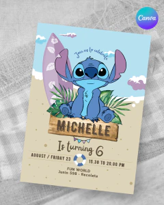 Invitacion editable, invitación stitch, invitaciones canva editable, cumple stitch celeste, birthday stitch, invitation template - comprar online