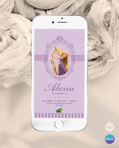 Invitación para cumple años, texto editable canva, princesa rapunzel en ovalo, princess party tukit - TuKit