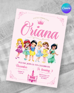 Plantilla de invitación, texto editable canva, varias princesas niñas, baby princess party, tonos rosas en internet