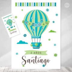 Kit imprimible globos aerostaticos flores verde menta cumpleaños tukit - comprar online