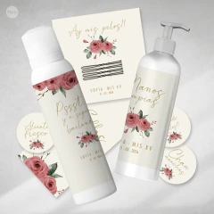 Kit imprimible canasta de baño sos fondo beige florcitas bordó tukit