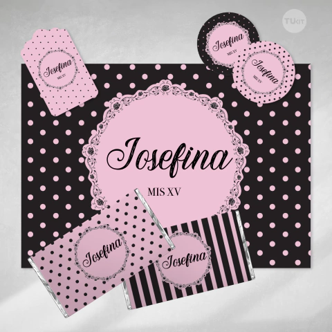 Kit imprimible rayas lunares rosa negro bodas 15 años