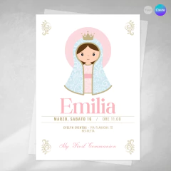 Invitación first communion, texto editable canva, comunion, virgencita rosa, invitation template - comprar online