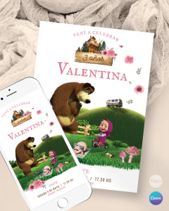 Invitación masha oso, texto editables canva, flores tukit