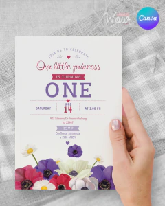 Plantilla de invitación, texto editable canva, flores amapolas, flowers party, tonos rojos y violetas