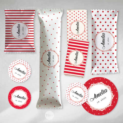 Kit imprimible rayas lunares blanco rojo wedding 15 años