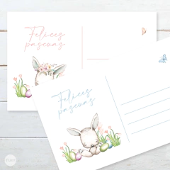 postal imprimible felices pascuas, postales, conejitos con flores, tarjetas, regalo