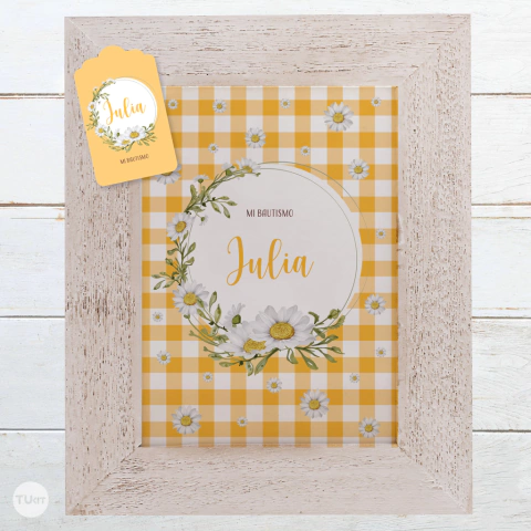 kit imprimible margaritas, bautismo, eventos, cumpleaños con flores, flor margarita, naranja, flores amarillas, birthday, festejo, caja cubo margaritas