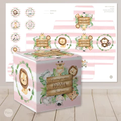 Caja cubo imprimible animales de la selva acuarela rosa tukit - comprar online
