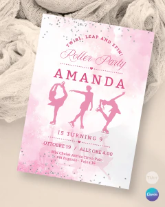 Invitación patinadoras rosa, invitaciones editables canva, roller party tukit en internet
