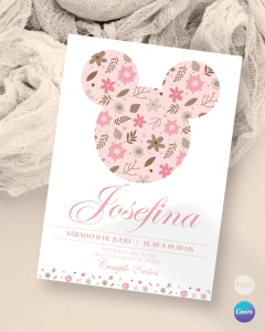 Plantilla de invitación, texto editable canva, minnie mickey silueta, flowers party, tonos rosas en internet