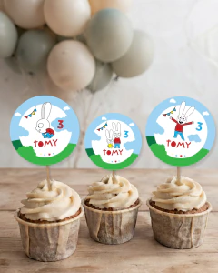 Adorno para cupcakes, simon el conejo, texto editable canva tukit
