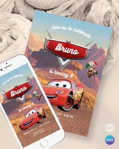 Plantilla de invitación, texto editable canva, auto rojo, cars party