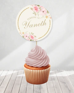 Adorno para cupcakes, flores acuarelas, texto editable canva tukit - TuKit