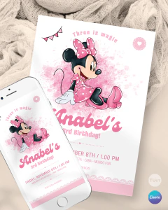 Invitación para cumple años, texto editable canva, minnie acuarela sentada, minnie party tukit