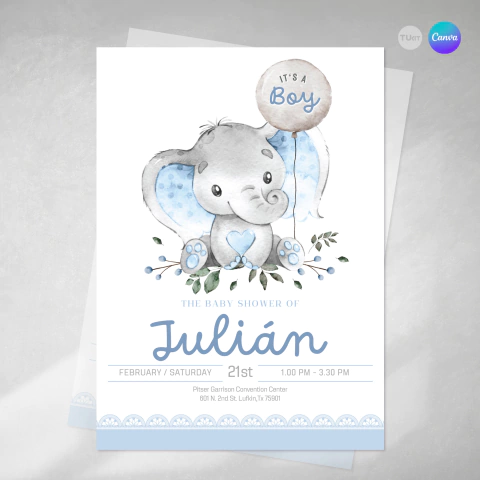 Invitacion elefante celeste, invitación elefantito bebe, baby shower, elephant party, texto editable canva