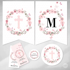 Kit imprimible bautismo comunión flores mariposas rosas tukit - TuKit