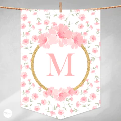 Banderines imprimibles, banderín cumpleaños flores rosas glitter dorado abecedario tukit - TuKit