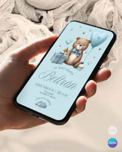 Plantilla de invitación, texto editable canva, oso acuarela, bear party,, tonos celestes - comprar online