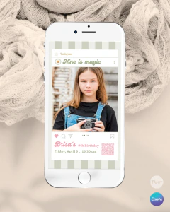 Invitación de cumpleaños, perfil de redes, nine is magic, template con foto, invitación redes con qr, texto editable canva en internet