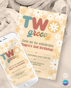 Invitación para cumpleaños , texto editable canva, two groovy, flower party retro - comprar online