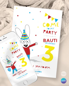 Invitación conejo simon con bonete, texto editables canva, invitaciones conejo tukit