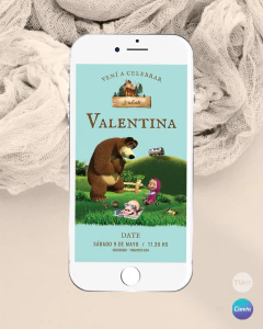 Invitación masha oso, texto editables canva, paisaje tukit - TuKit
