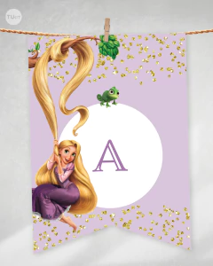 Banderines imprimibles rapunzel, banderin glitter, banderin princesa rapunzel, cumpleaños princesas abecedario en internet