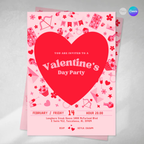 Invitación san valentín, invitaciones editables canva, Valentine's Day Party, dia de los enamorados, corazón - comprar online