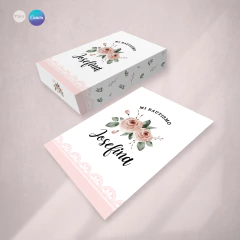Estampita imprimible comunion, bautismo flores rosas, tarjeta y caja tukit - comprar online