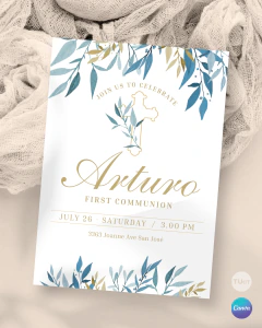 Invitación leaves party, invitaciones editables canva, invitaciones hojas azules, communion party, invitacion comunión bautismo - comprar online