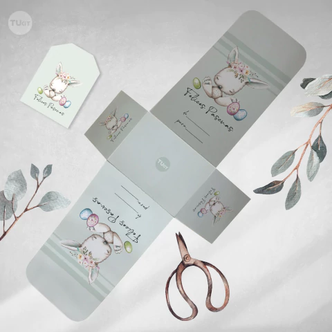 Cajita abierta decorativa golosinera imprimible felices pascuas conejito flores tukit