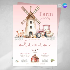 Invitacion editable, invitación animales de la granja, invitaciones canva editable, cumple granja, birthday invitation, template molino rosa