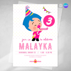 Invitación plim plim bonete rosa, invitaciones canva editable, cumple plim plim, birthday payaso, invitation template