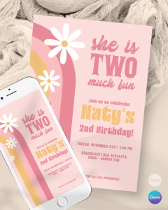 Invitación para cumple 2 años, texto editable canva, arcoiris y margaritas, rainbow party tukit