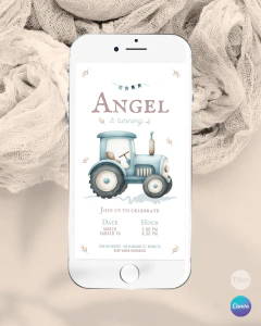 Invitación tractor azul, texto editables canva, invitaciones tractores tukit - TuKit