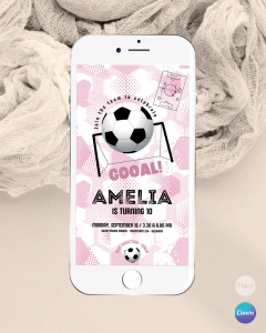 Imagen de Plantilla de invitación, texto editable canva, camiseta de futbol, soccer party, trama tonos rosas