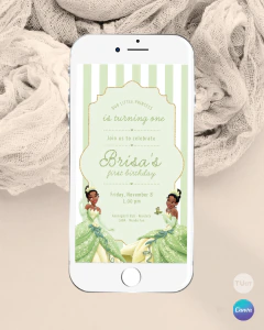 Plantilla de invitación, texto editable canva, princesa y el sapo, princess party, rayas tonos verdes marco dorado - comprar online