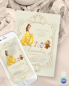 Invitación para cumple años, texto editable canva, princesa bella, princess party, marco dorado tukit