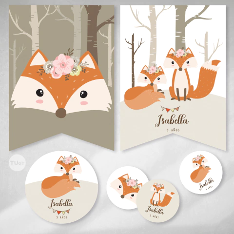 Kit imprimible zorro zorrito y flores fox tukit