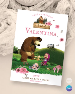 Invitación masha oso, texto editables canva, flores tukit en internet